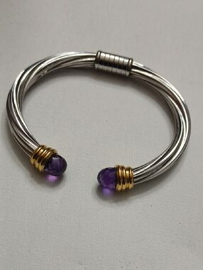 T&T Stainless Steel Purple Crystal Goldtone Cuff Bracelet